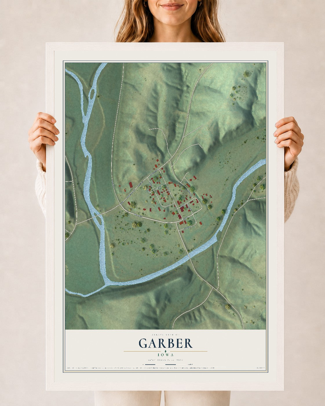 Map of Garber, Iowa, 24 x 36 inch print in a white wood frame