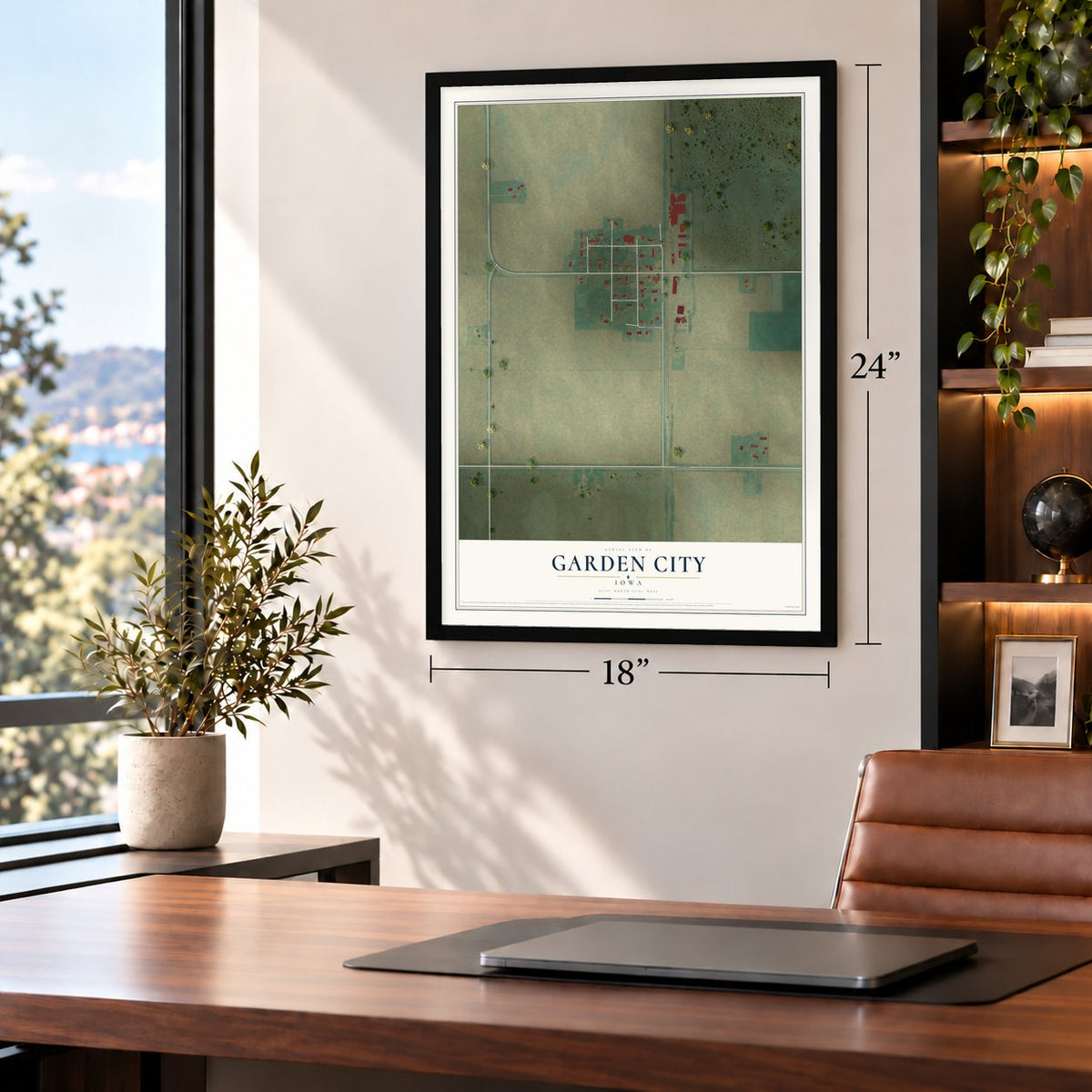 Garden City, Iowa map, 18 x 24 inch print in a black frame in a home office