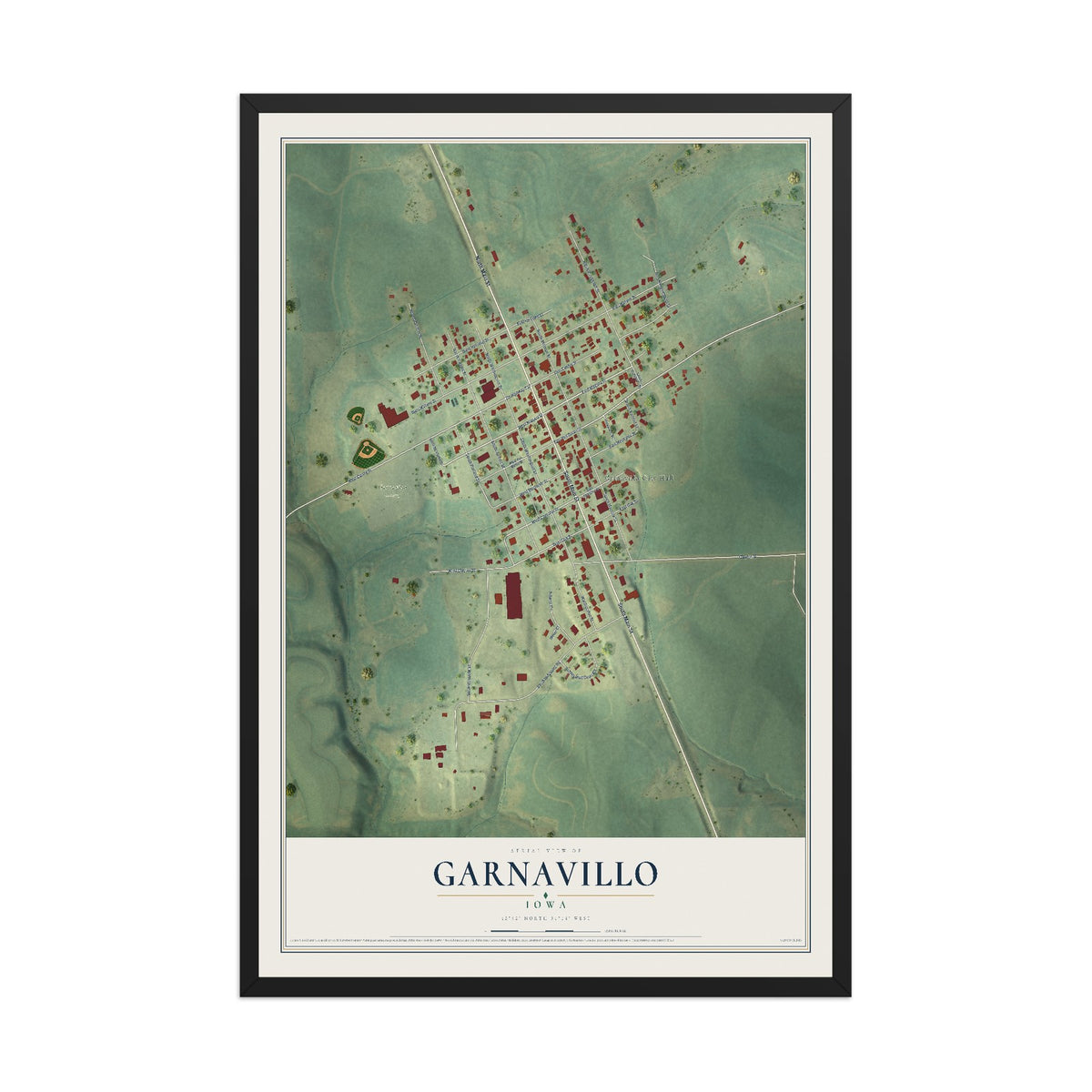 Map of Garnavillo, Iowa, 12 x 18 inch print in a black wood frame