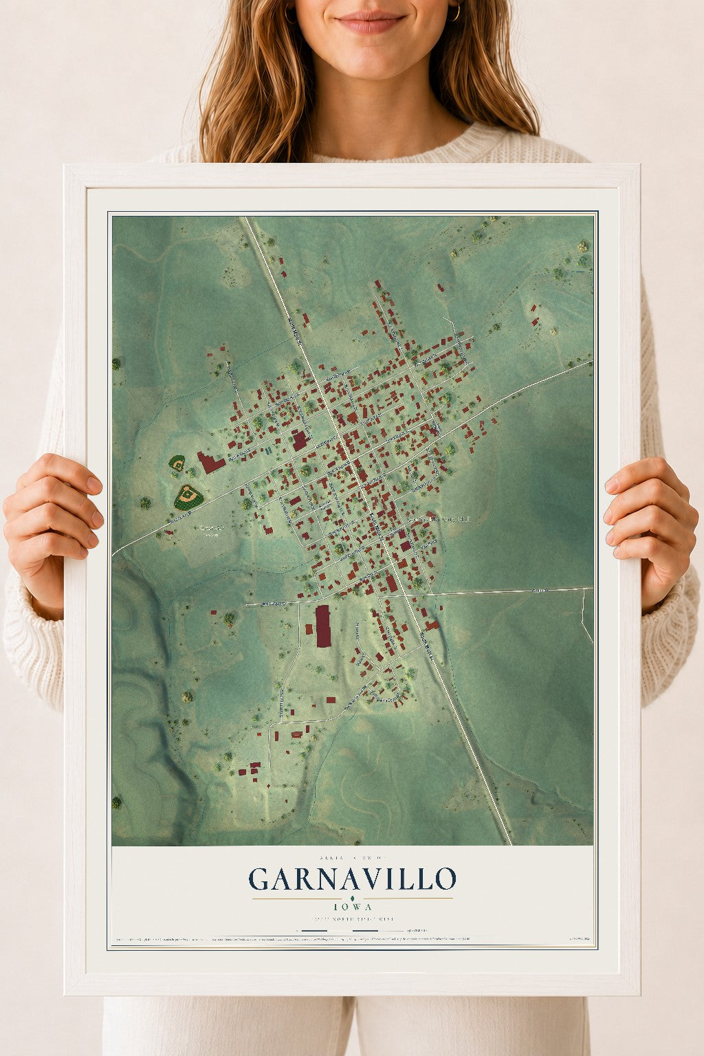 Map of Garnavillo, Iowa, 18 x 24 inch print in a white wood frame