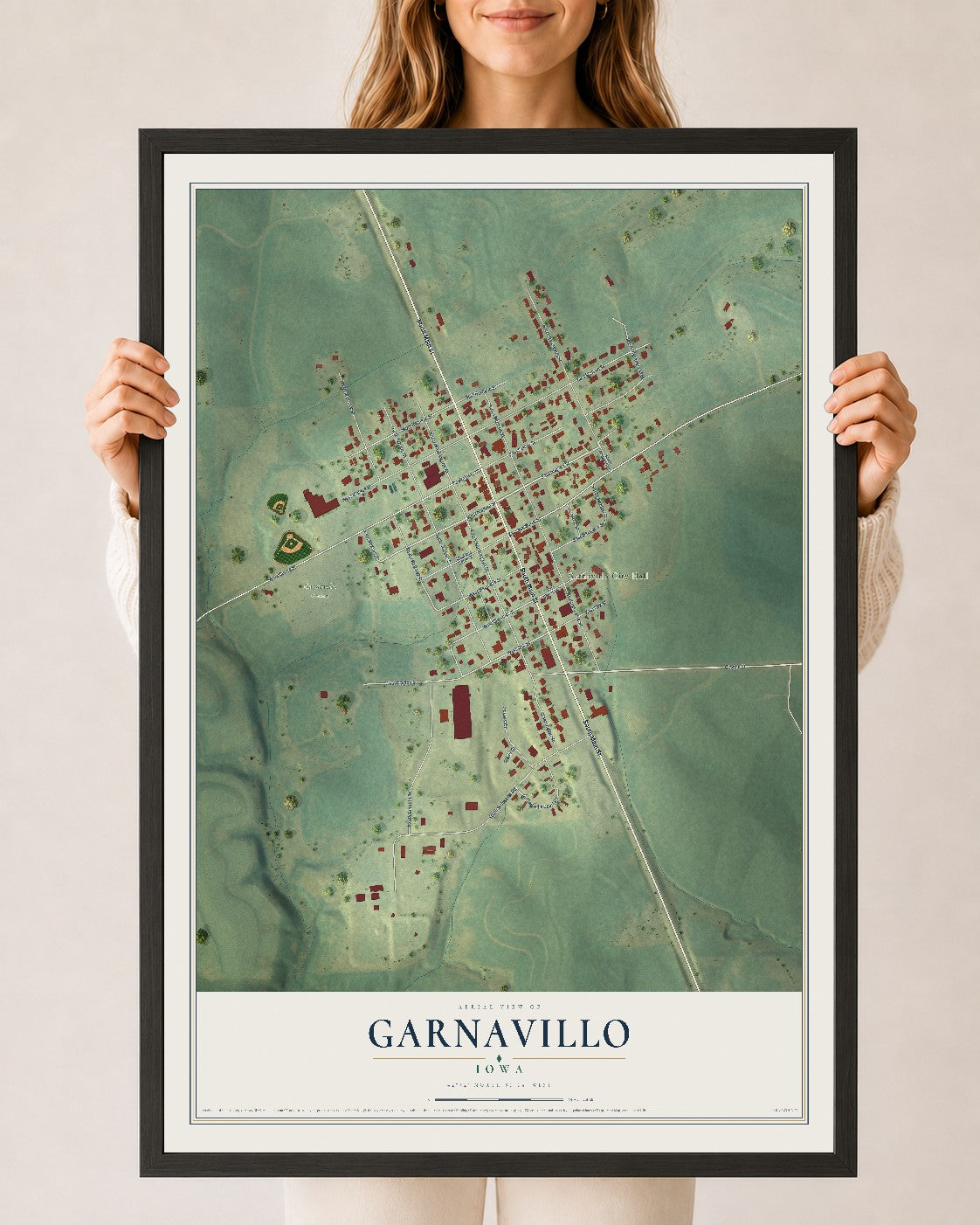 Map of Garnavillo, Iowa, 24 x 36 inch print in a black wood frame