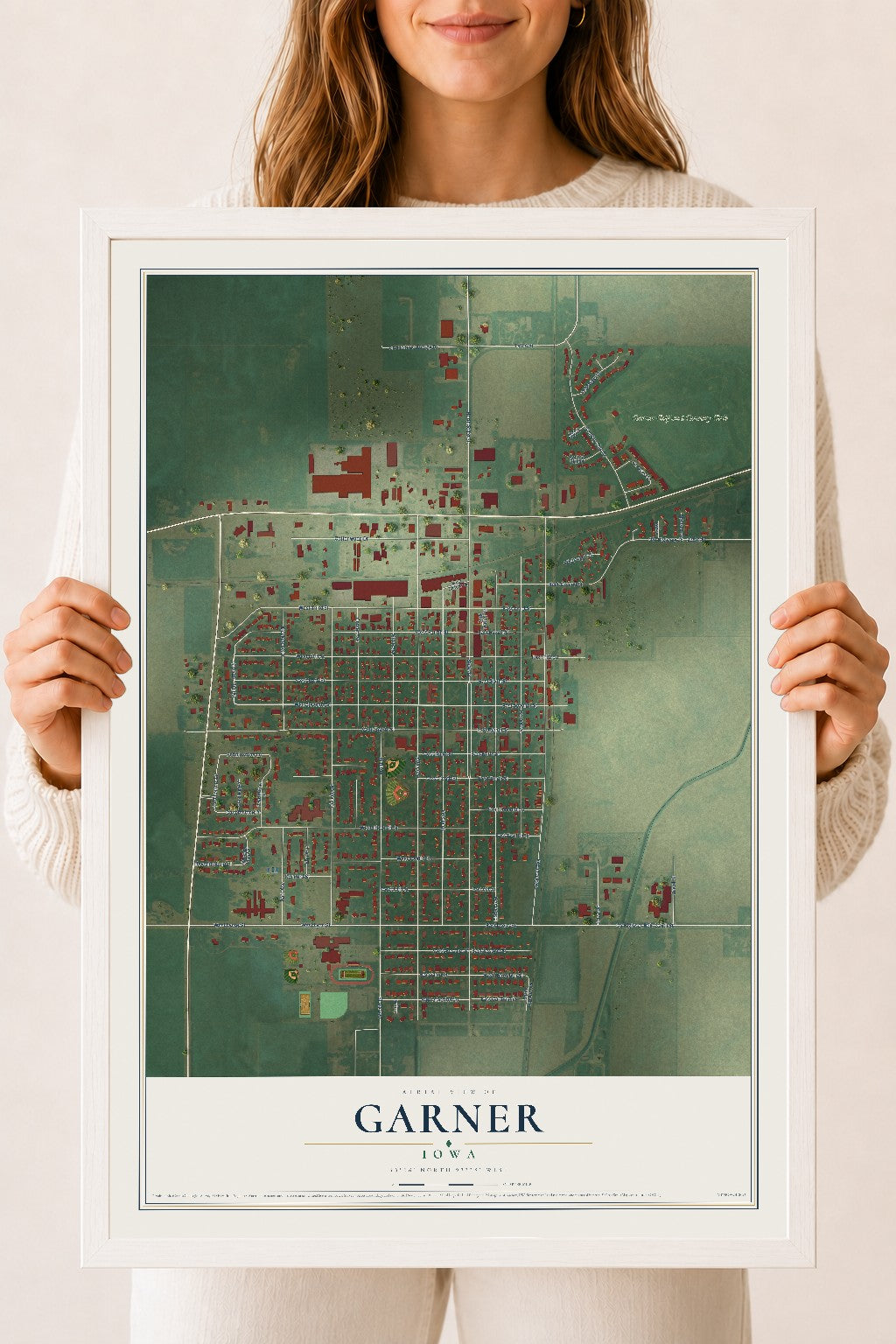 Map of Garner, Iowa, 18 x 24 inch print in a white wood frame