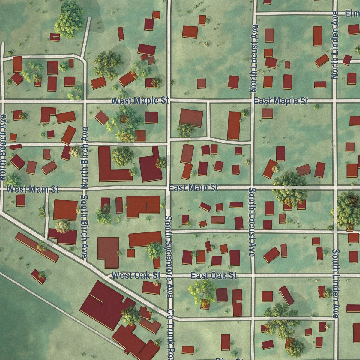 Close-up of the map of Garrison, Iowa print showing street and building detail