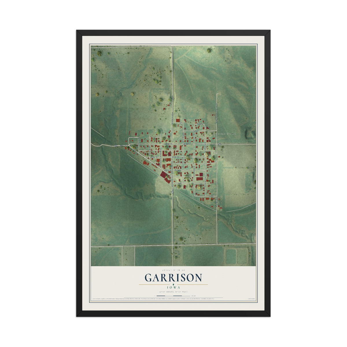 Map of Garrison, Iowa, 12 x 18 inch print in a black wood frame