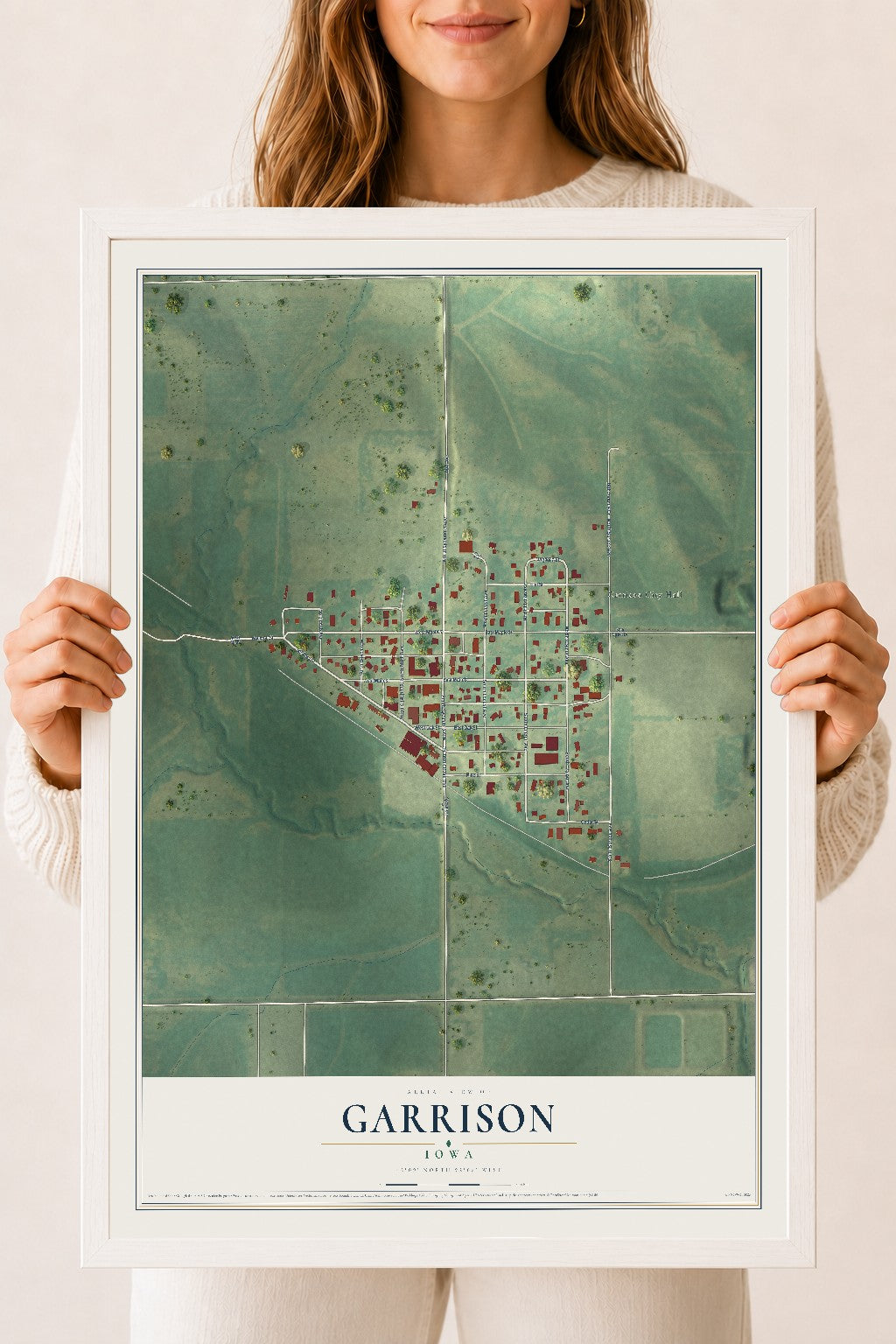 Map of Garrison, Iowa, 18 x 24 inch print in a white wood frame
