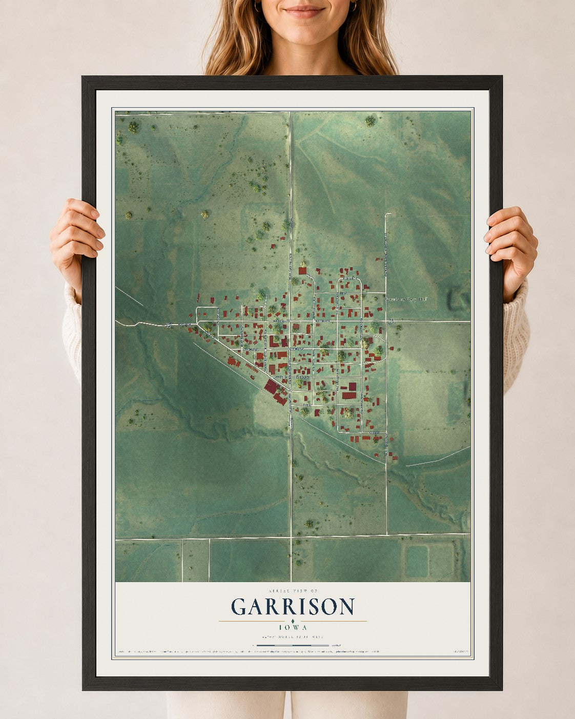 Map of Garrison, Iowa, 24 x 36 inch print in a black wood frame
