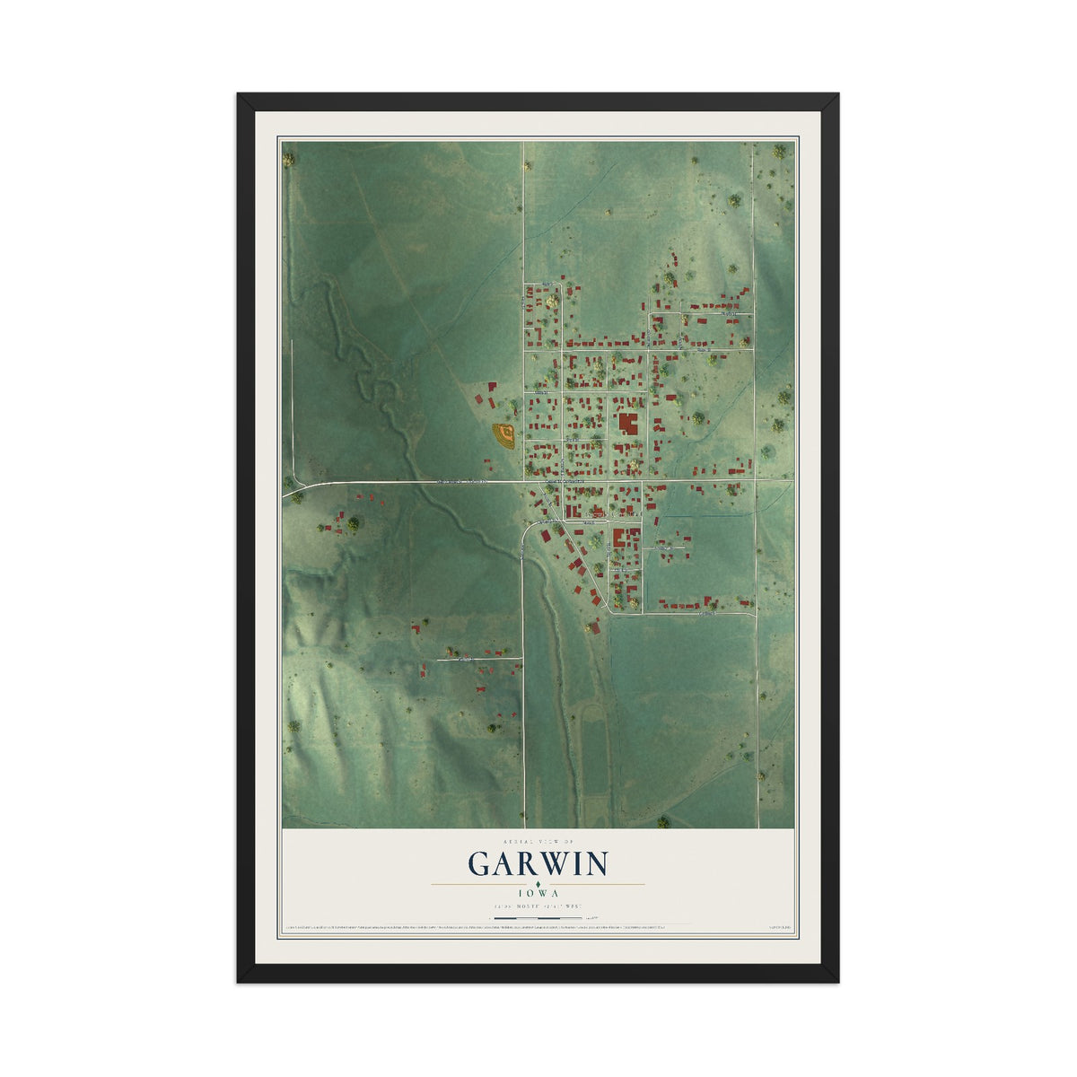 Map of Garwin, Iowa, 12 x 18 inch print in a black wood frame