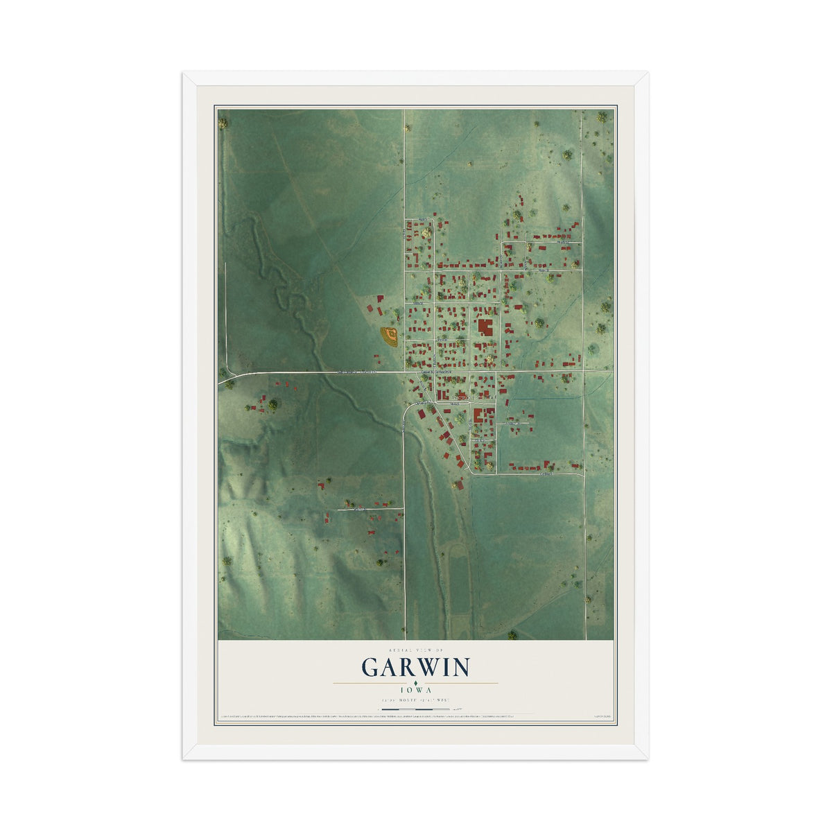 Map of Garwin, Iowa, 12 x 18 inch print in a white wood frame