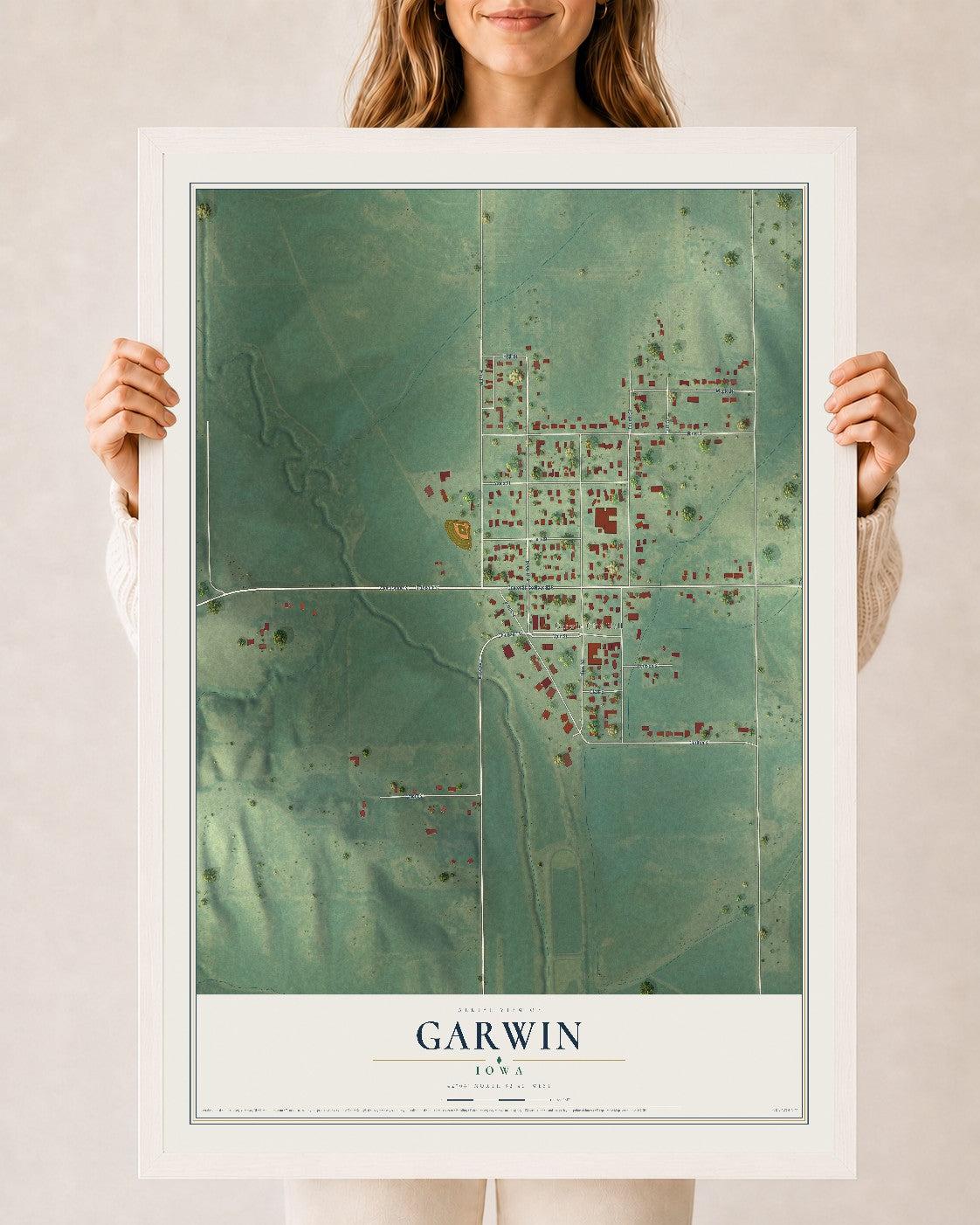 Map of Garwin, Iowa, 24 x 36 inch print in a white wood frame