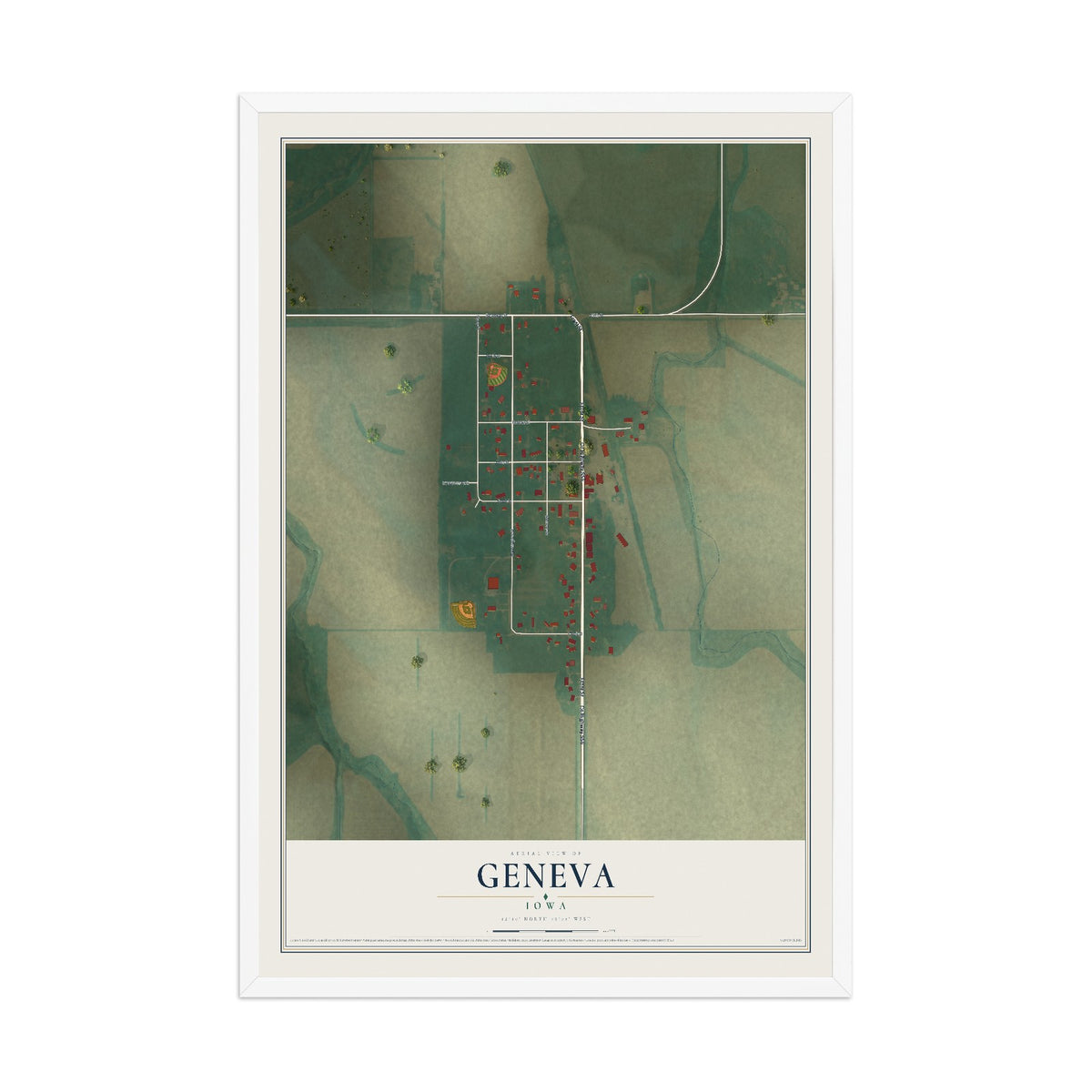 Map of Geneva, Iowa, 12 x 18 inch print in a white wood frame