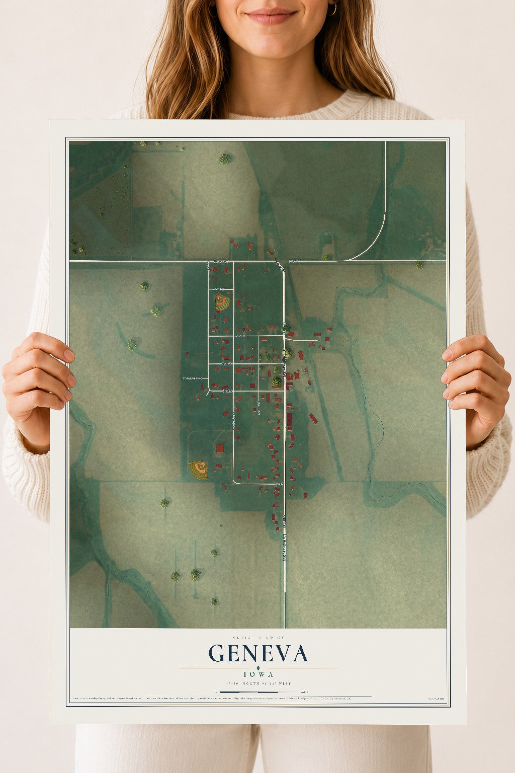Map of Geneva, Iowa, 18 x 24 inch unframed archival matte print