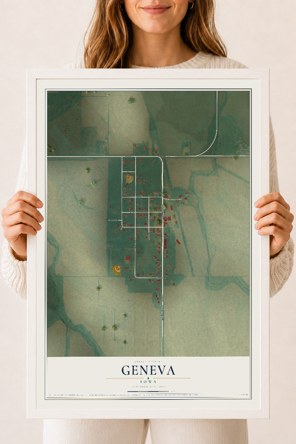 Map of Geneva, Iowa, 18 x 24 inch print in a white wood frame