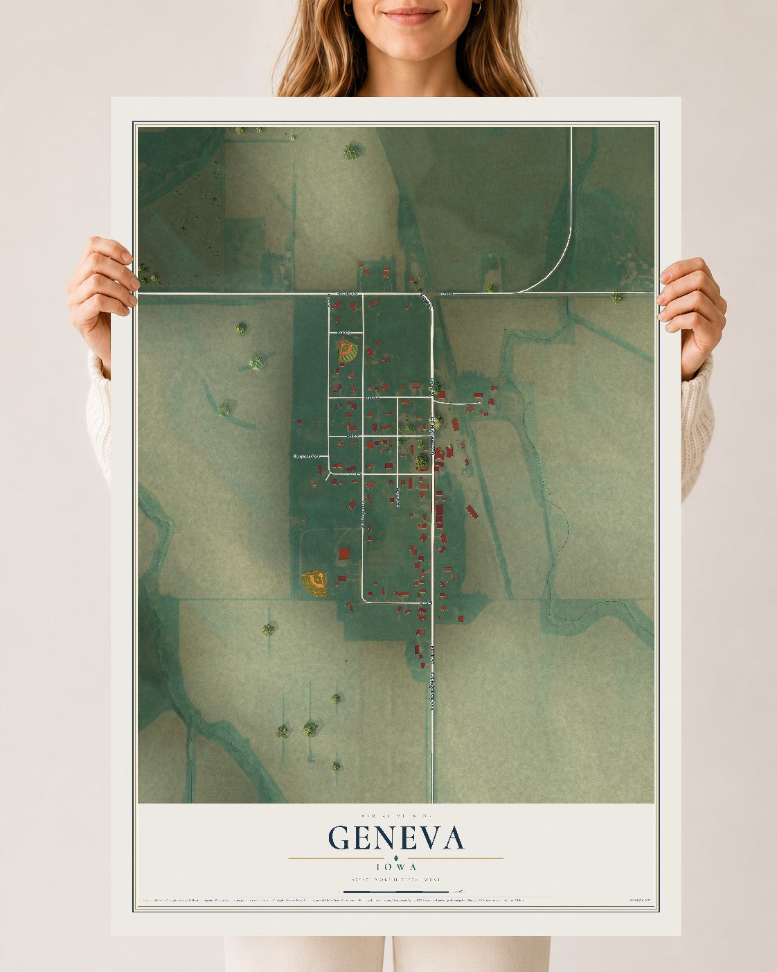 Map of Geneva, Iowa, 24 x 36 inch unframed archival matte print