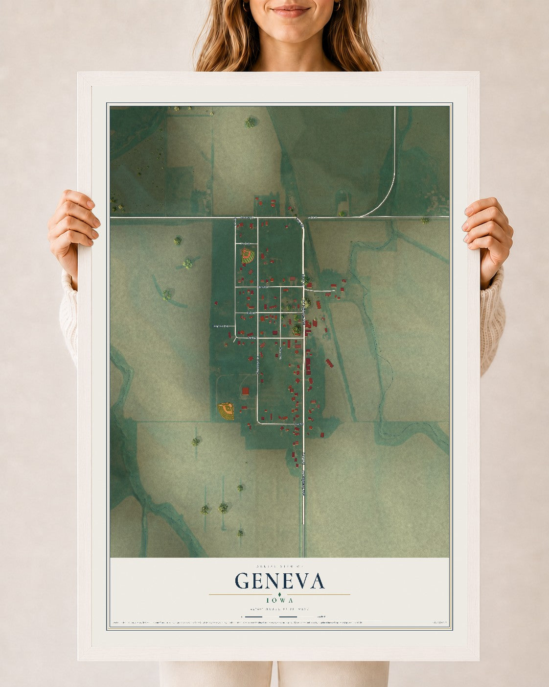 Map of Geneva, Iowa, 24 x 36 inch print in a white wood frame
