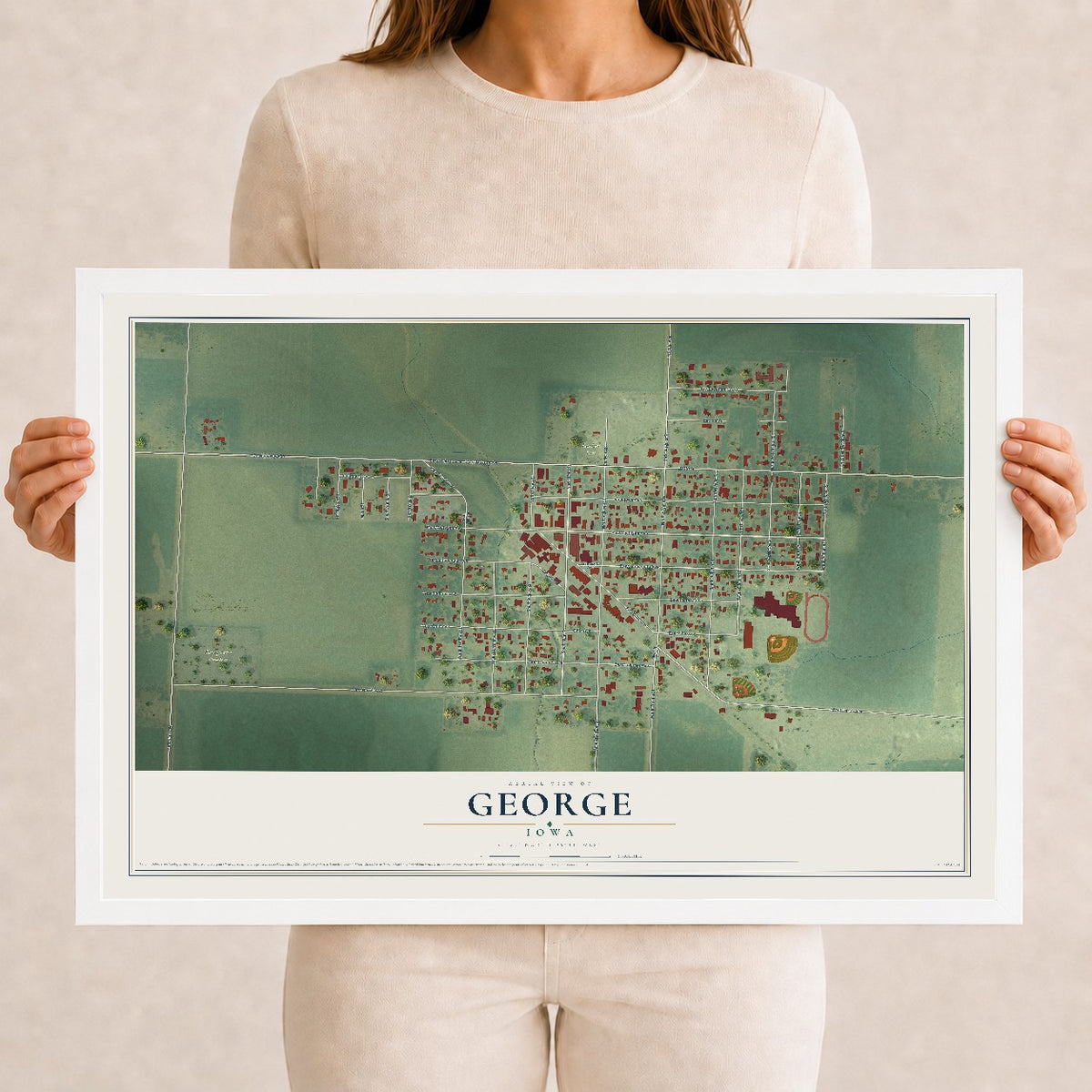Map of George, Iowa, 12 x 18 inch print in a white wood frame