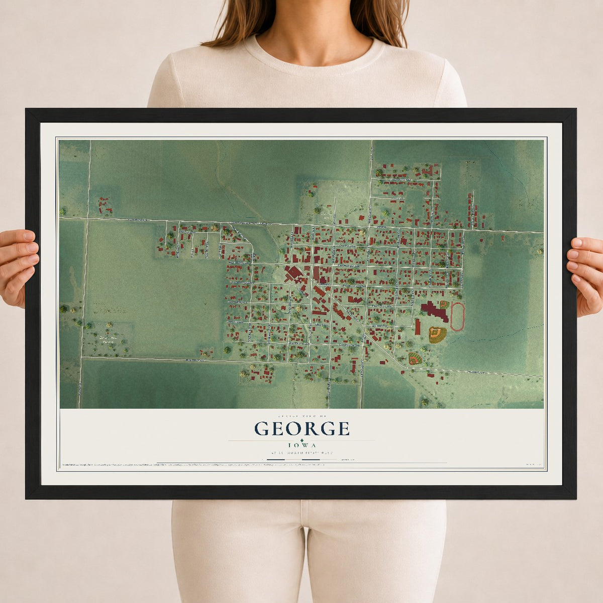 Map of George, Iowa, 18 x 24 inch print in a black wood frame