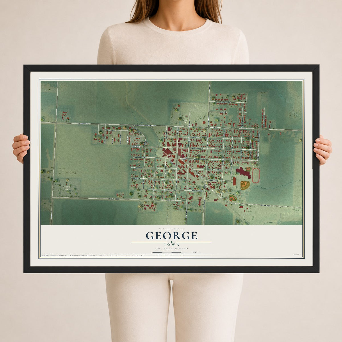 Map of George, Iowa, 24 x 36 inch print in a black wood frame