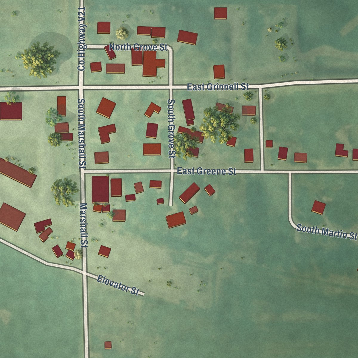 Close-up of the map of Gibson, Iowa print showing street and building detail