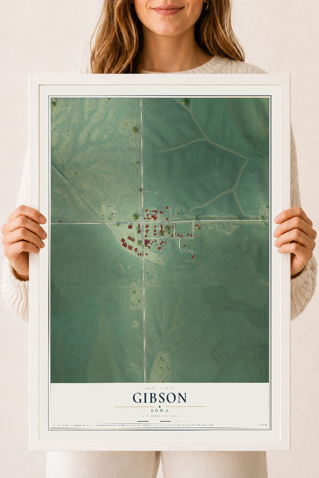 Map of Gibson, Iowa, 18 x 24 inch print in a white wood frame