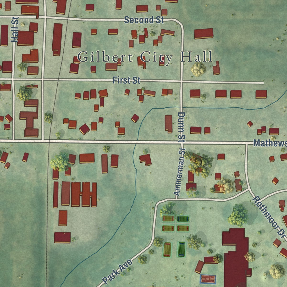 Close-up of the map of Gilbert, Iowa print showing street and building detail