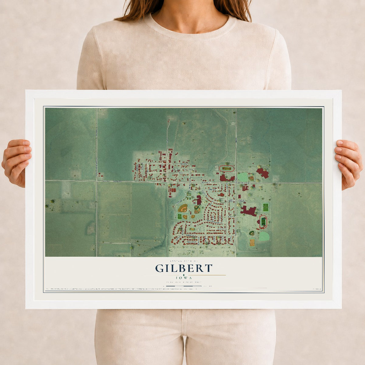 Map of Gilbert, Iowa, 12 x 18 inch print in a white wood frame