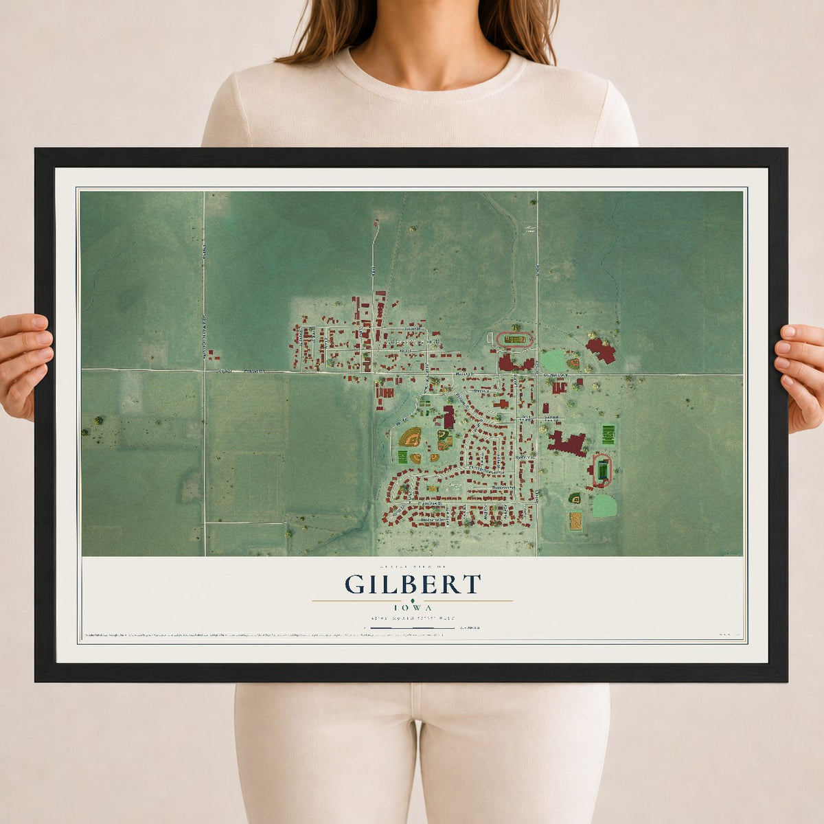 Map of Gilbert, Iowa, 18 x 24 inch print in a black wood frame
