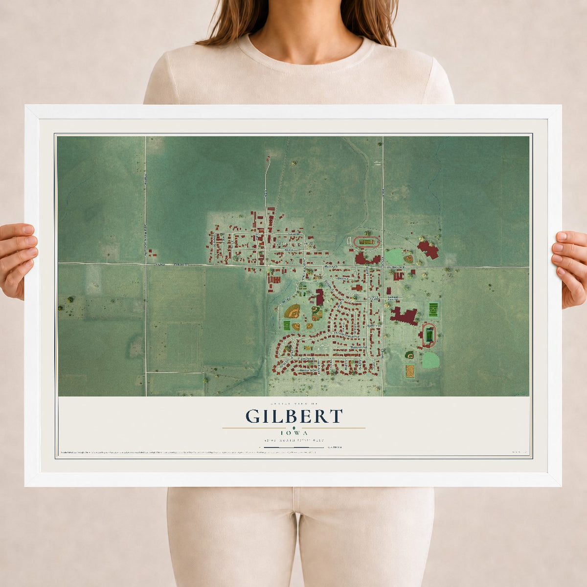Map of Gilbert, Iowa, 18 x 24 inch print in a white wood frame