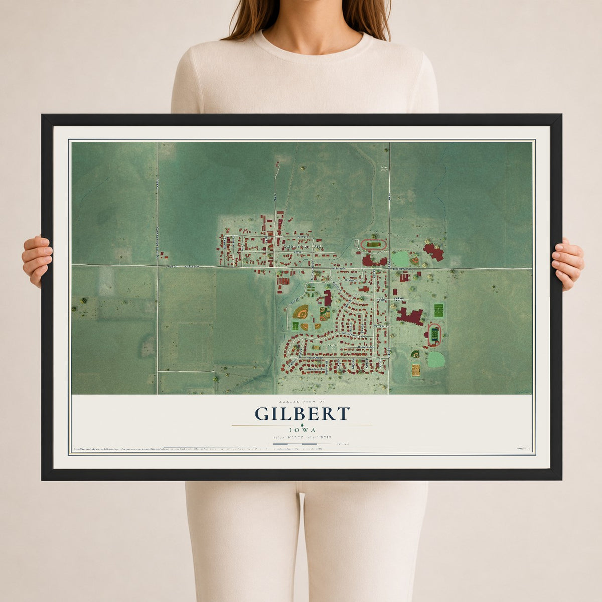 Map of Gilbert, Iowa, 24 x 36 inch print in a black wood frame