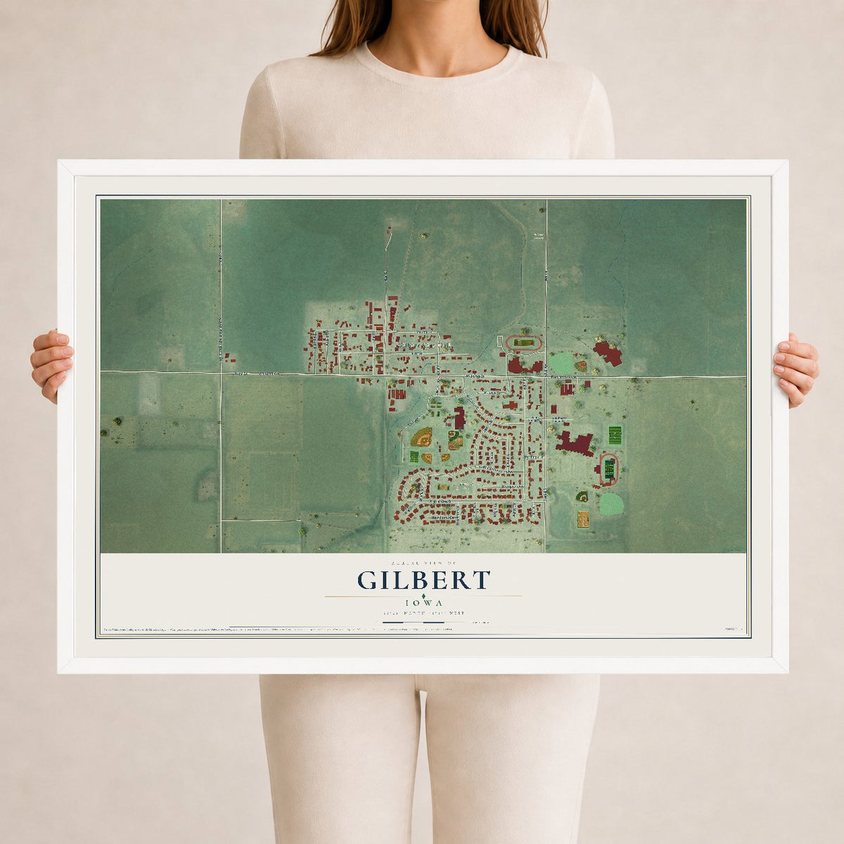 Map of Gilbert, Iowa, 24 x 36 inch print in a white wood frame