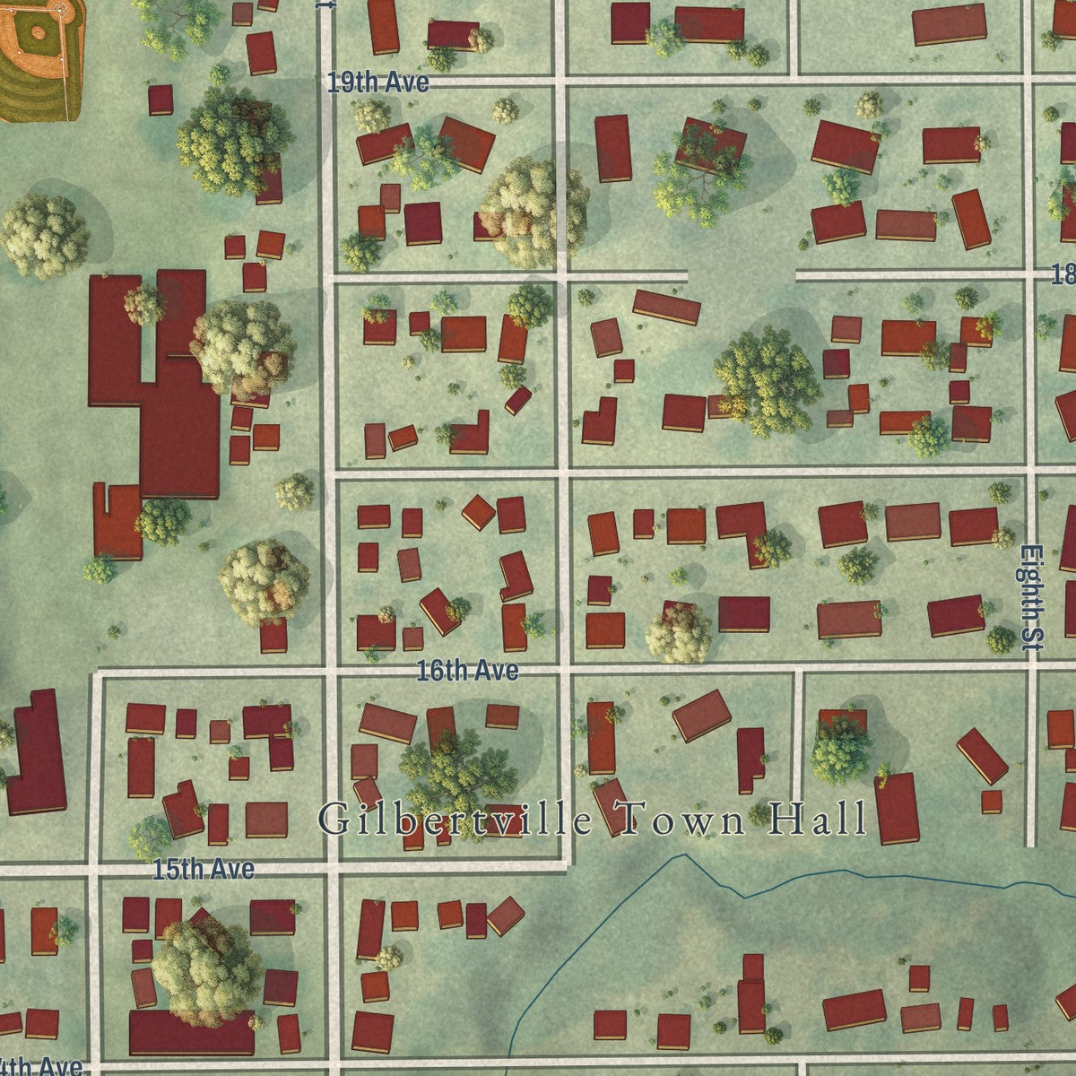 Close-up of the map of Gilbertville, Iowa print showing street and building detail