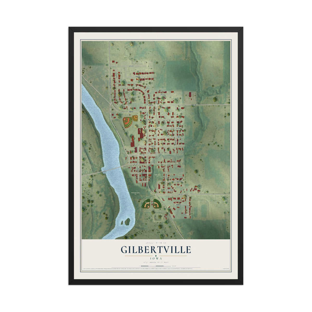 Map of Gilbertville, Iowa, 12 x 18 inch print in a black wood frame