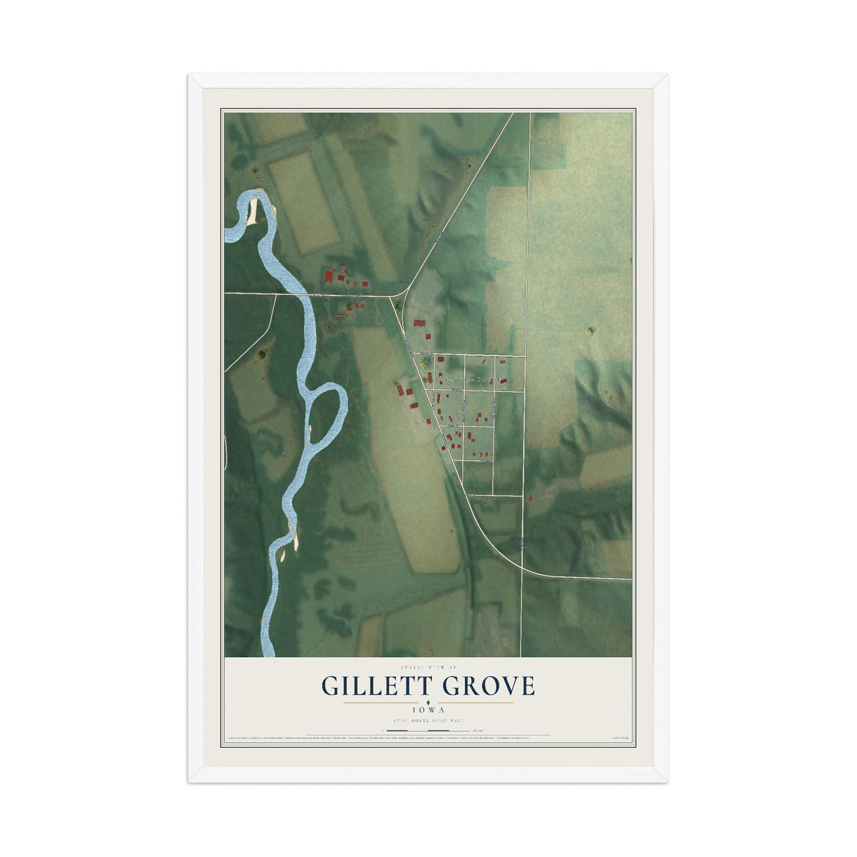 Map of Gillett Grove, Iowa, 12 x 18 inch print in a white wood frame