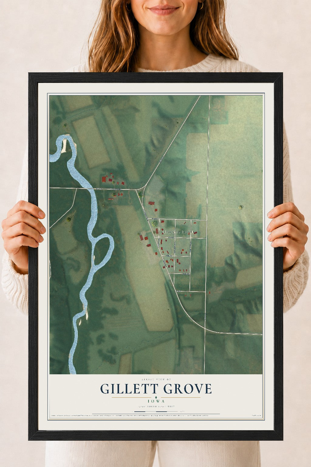 Map of Gillett Grove, Iowa, 18 x 24 inch print in a black wood frame