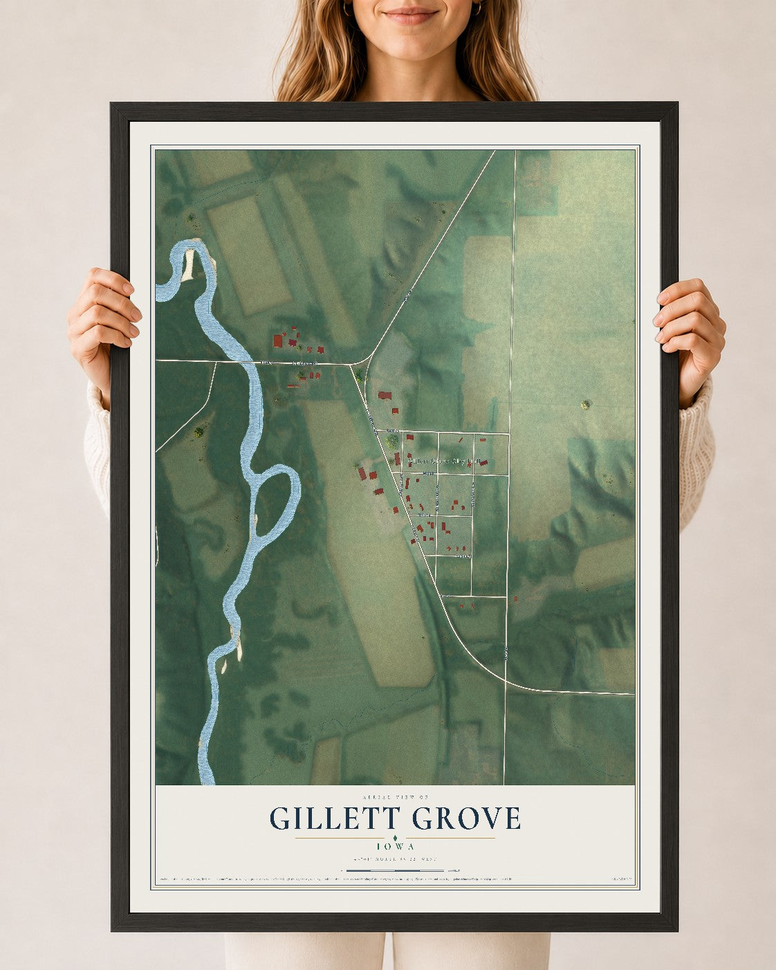 Map of Gillett Grove, Iowa, 24 x 36 inch print in a black wood frame