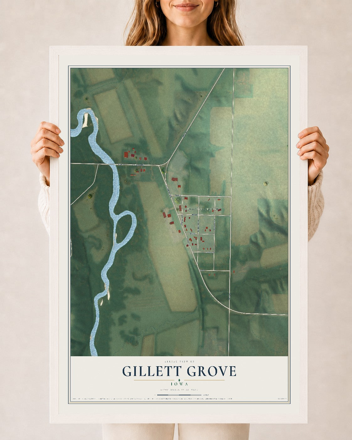 Map of Gillett Grove, Iowa, 24 x 36 inch print in a white wood frame