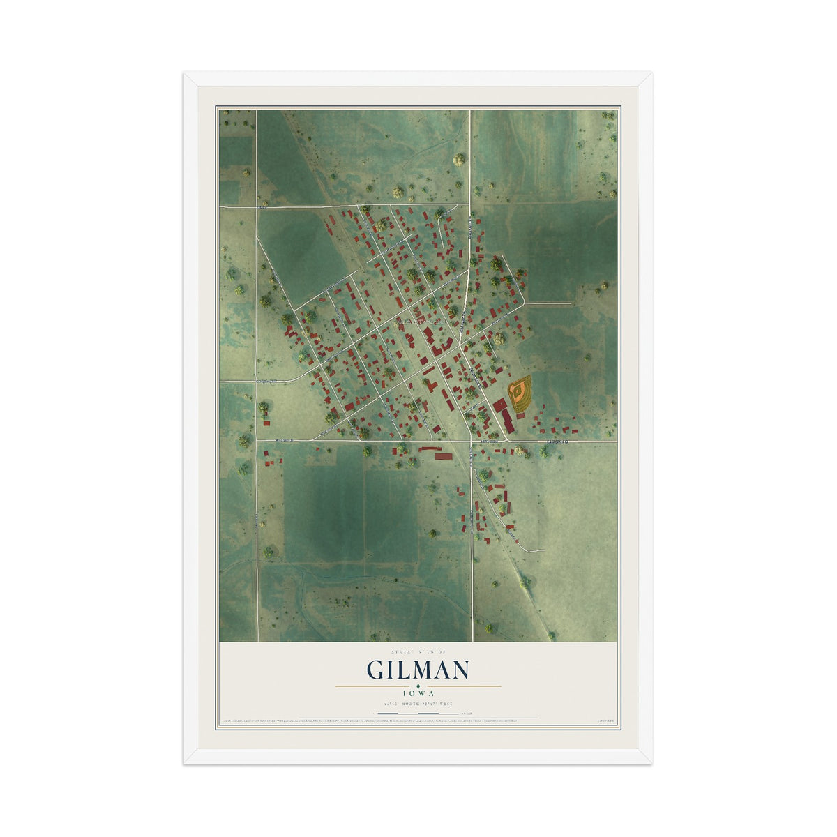 Map of Gilman, Iowa, 12 x 18 inch print in a white wood frame