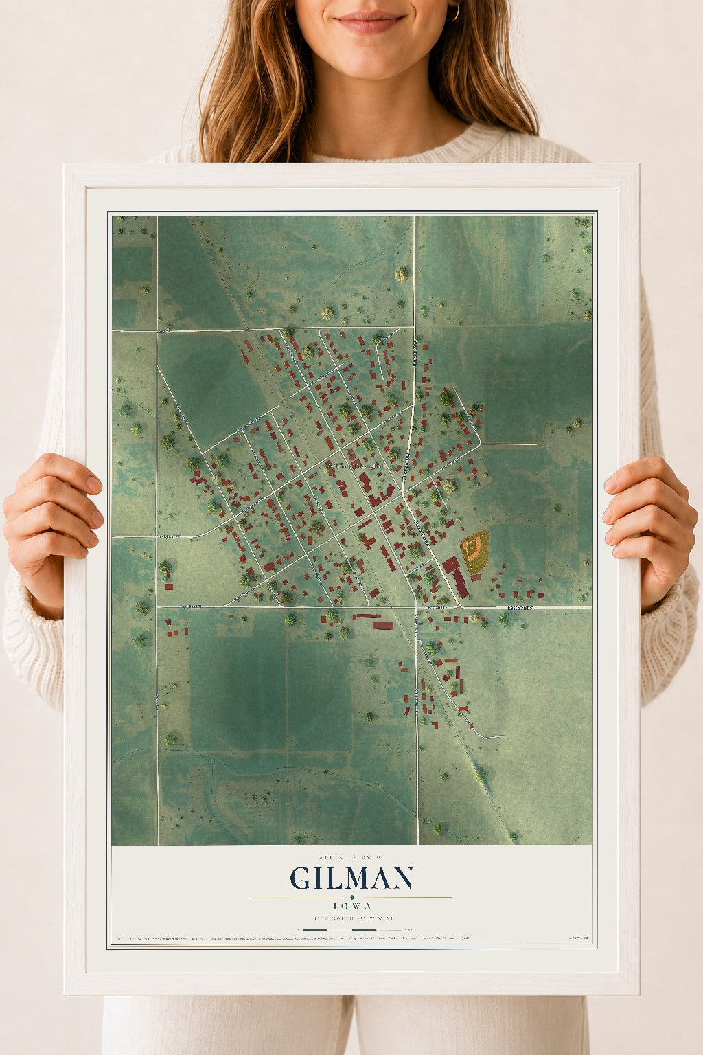 Map of Gilman, Iowa, 18 x 24 inch print in a white wood frame