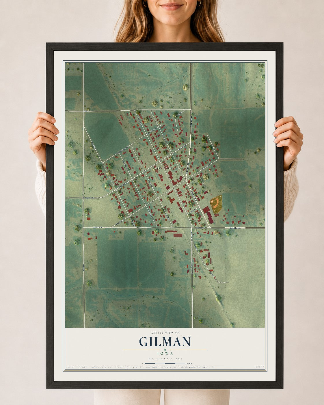 Map of Gilman, Iowa, 24 x 36 inch print in a black wood frame