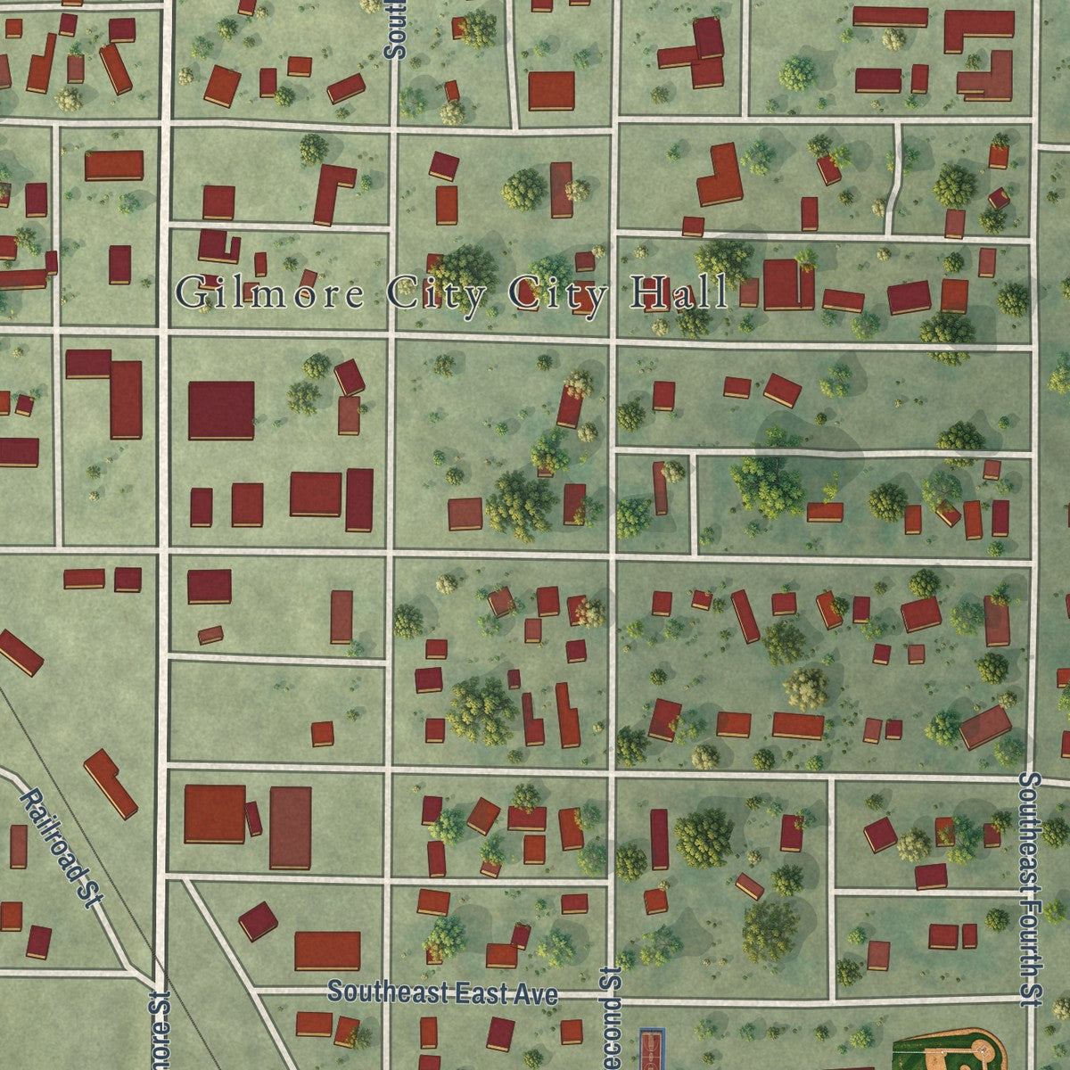 Close-up of the map of Gilmore City, Iowa print showing street and building detail