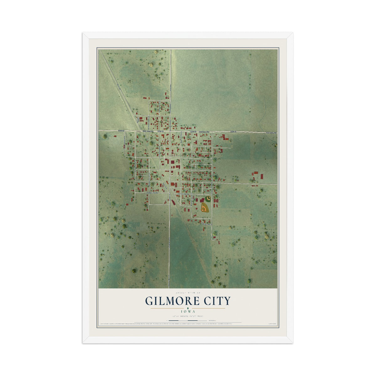Map of Gilmore City, Iowa, 12 x 18 inch print in a white wood frame