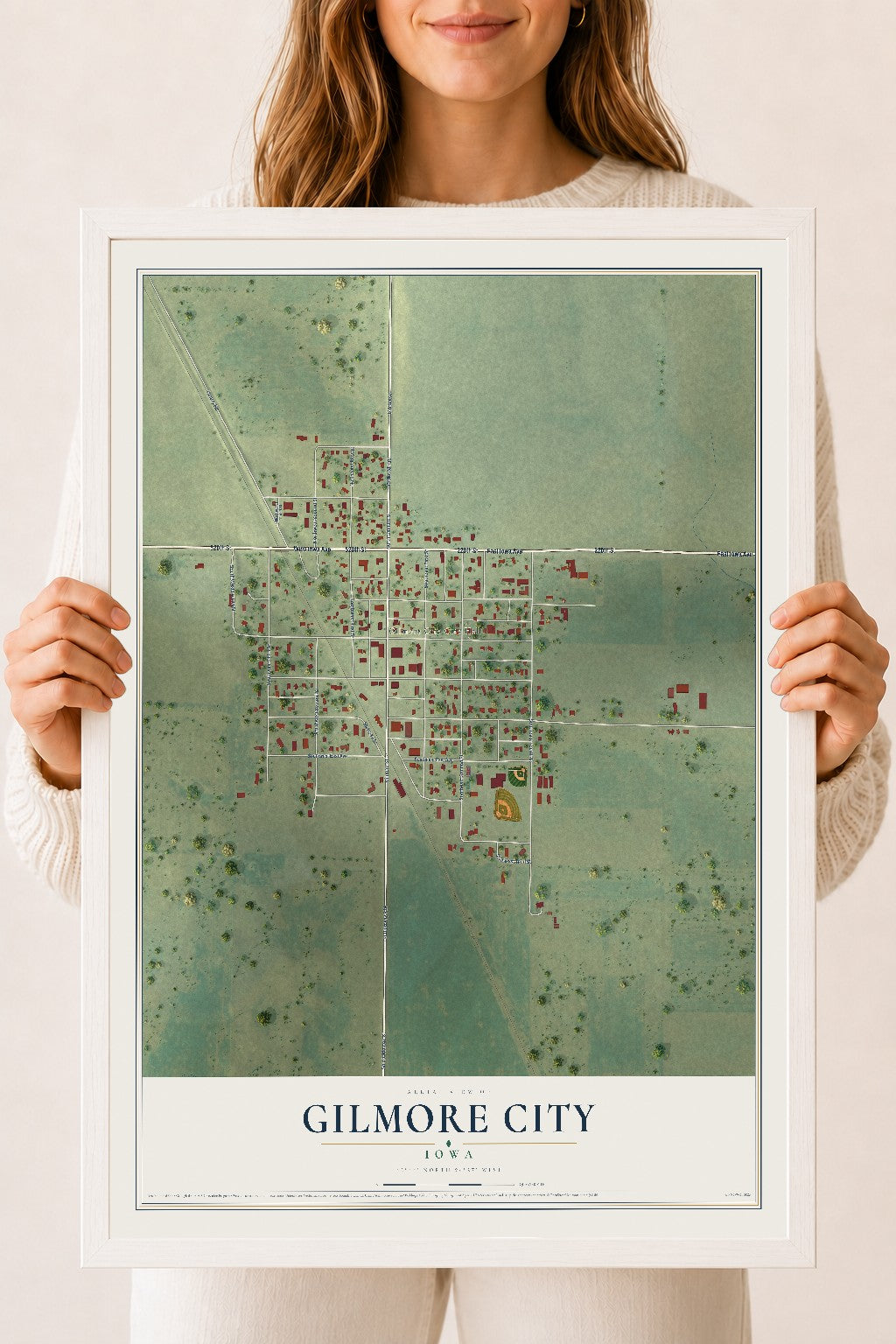 Map of Gilmore City, Iowa, 18 x 24 inch print in a white wood frame