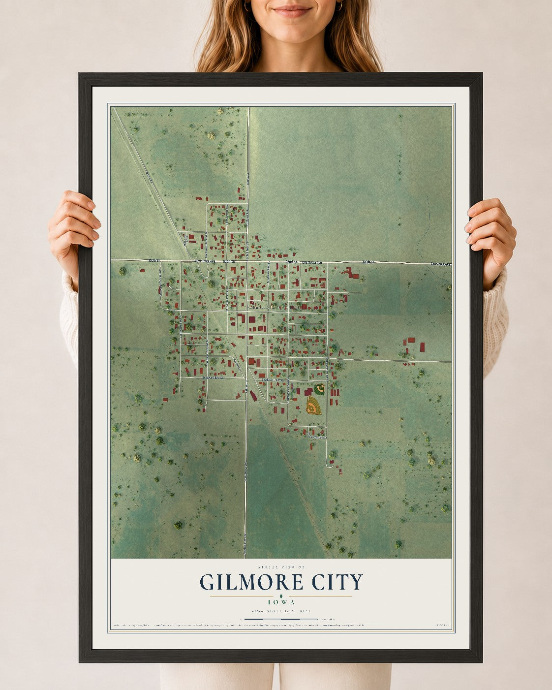 Map of Gilmore City, Iowa, 24 x 36 inch print in a black wood frame