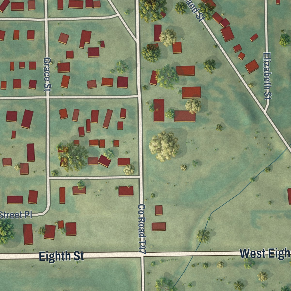 Second close-up of the map of Gladbrook, Iowa print showing more streets and buildings