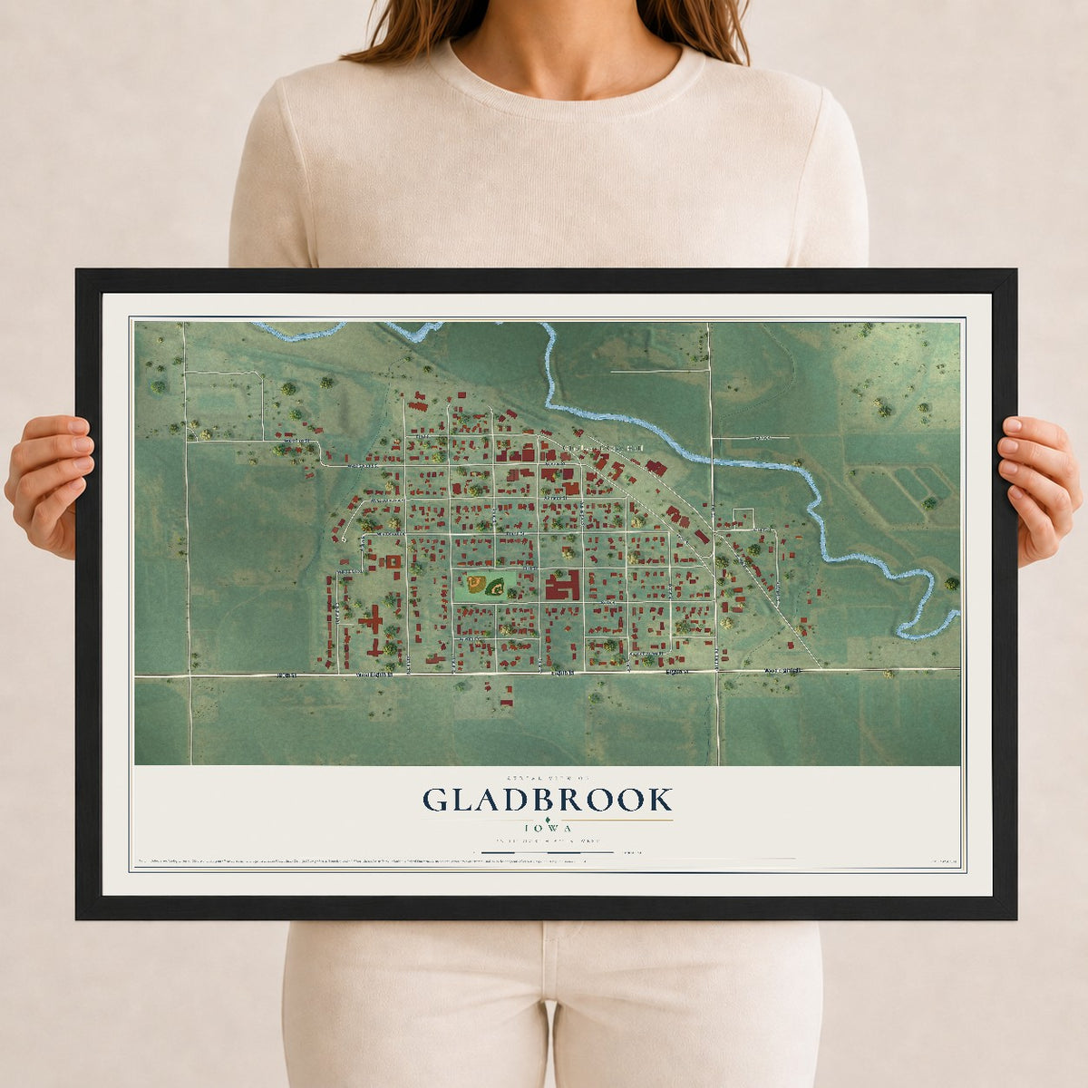 Map of Gladbrook, Iowa, 12 x 18 inch print in a black wood frame