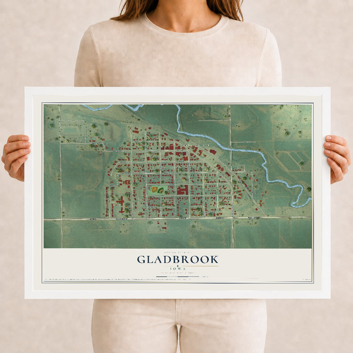 Map of Gladbrook, Iowa, 12 x 18 inch print in a white wood frame