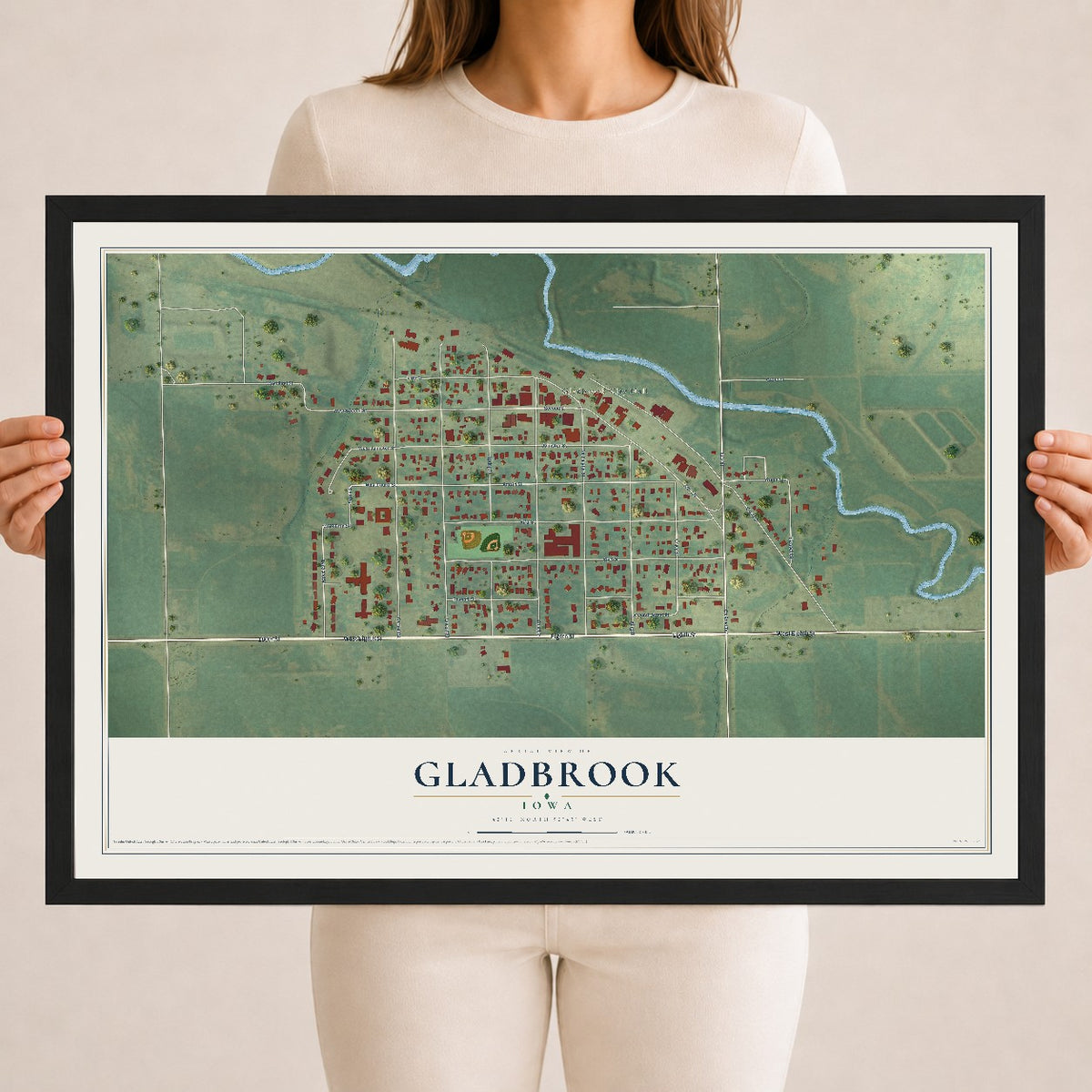 Map of Gladbrook, Iowa, 18 x 24 inch print in a black wood frame