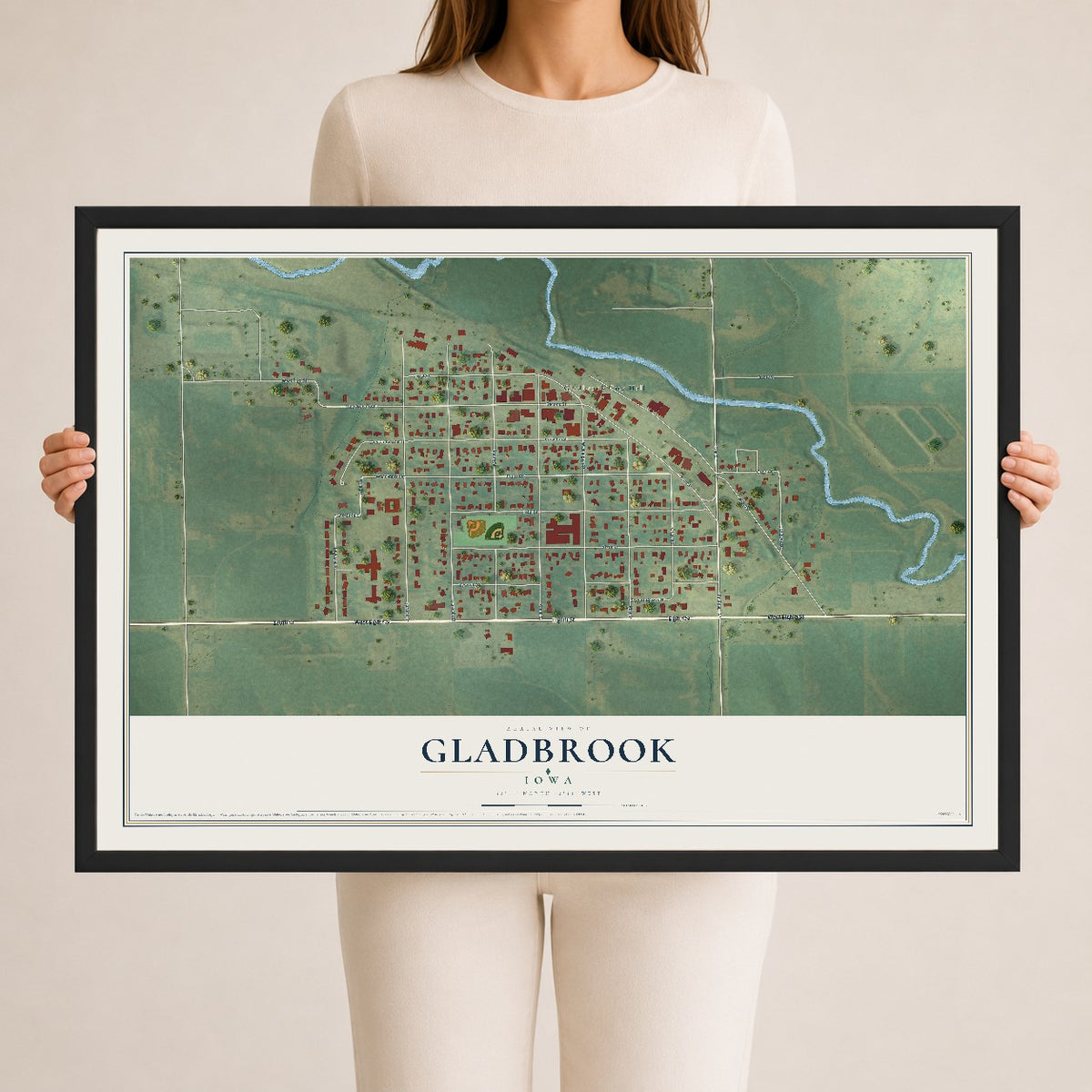 Map of Gladbrook, Iowa, 24 x 36 inch print in a black wood frame