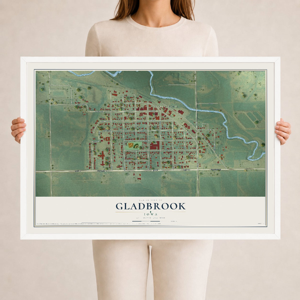 Map of Gladbrook, Iowa, 24 x 36 inch print in a white wood frame