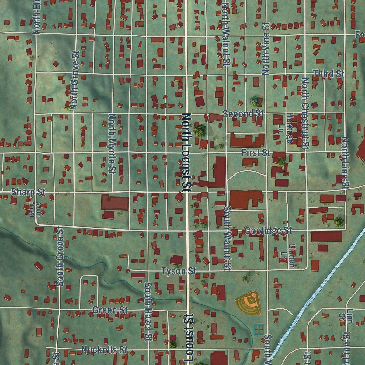 Close-up of the map of Glenwood, Iowa print showing street and building detail