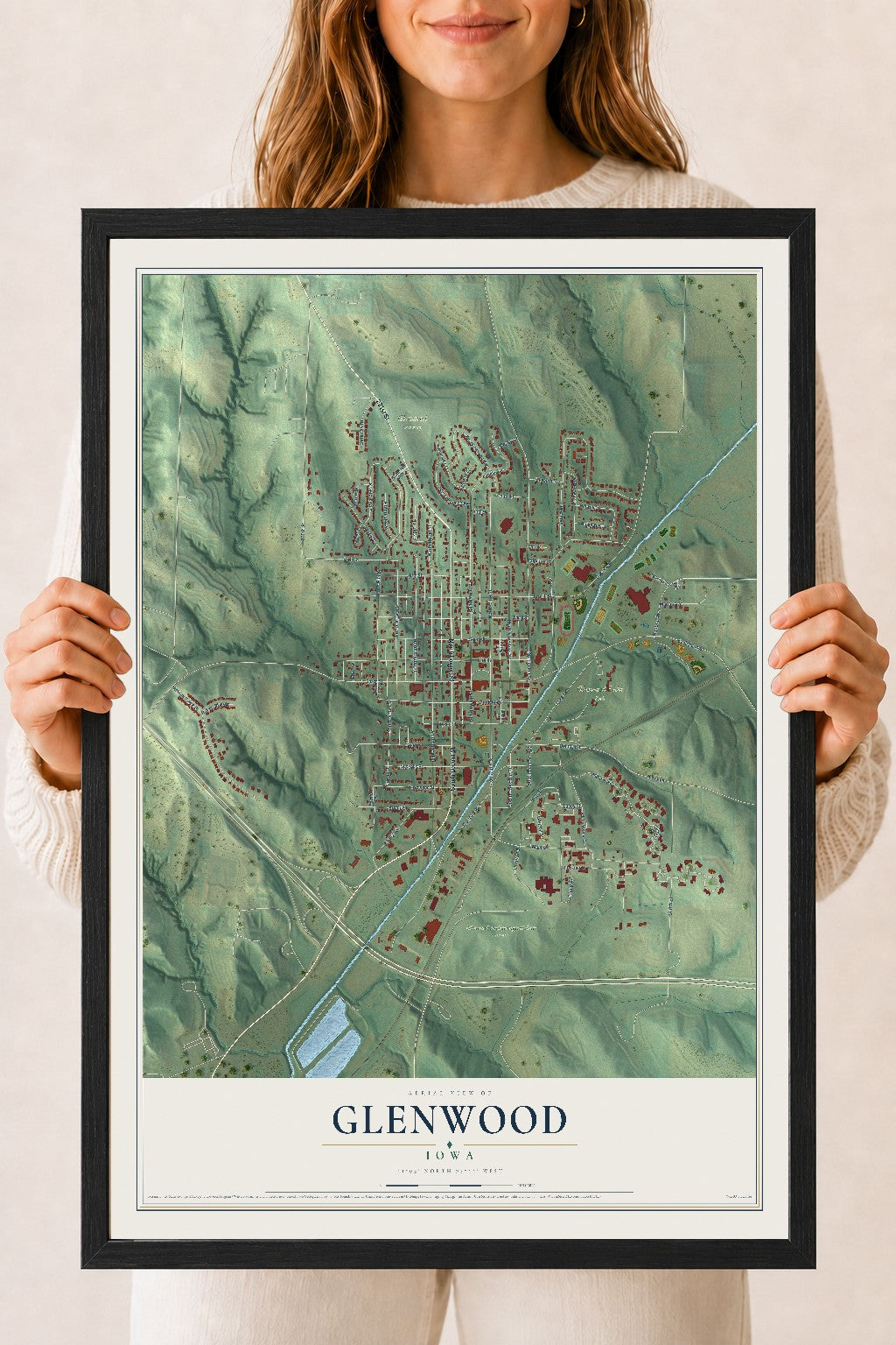 Map of Glenwood, Iowa, 18 x 24 inch print in a black wood frame